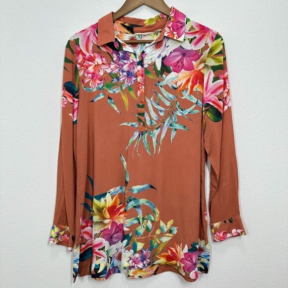 Soft Surroundings Size Medium Collared Tunic Rust Orange Floral Relaxed Fit - Picture 1 of 8